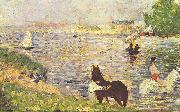 Weibes und schwarzes Pferd im Flub Georges Seurat